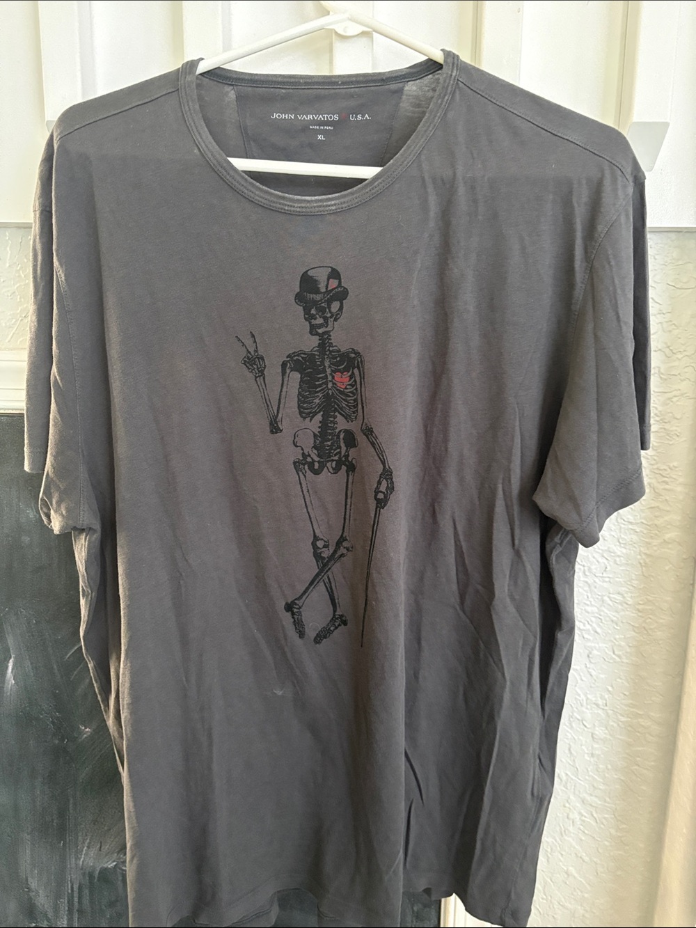 John Varvatos Black Short-Sleeve Tee with Skeleton Graphic and Red Heart